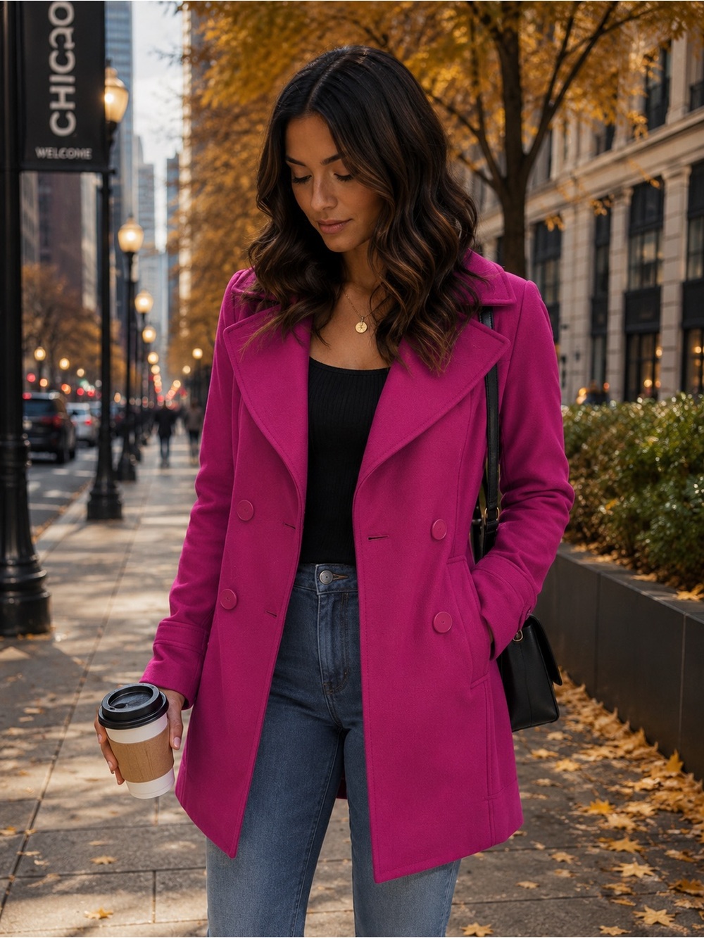 Guess Fuchsia Double-Breasted Wool-Blend Pea Coat